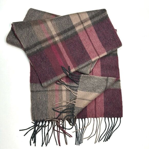 NWOT Nordstrom Men’s Wool Scarf Taupe and Wine Berry Plaid Excellent - Picture 3 of 6